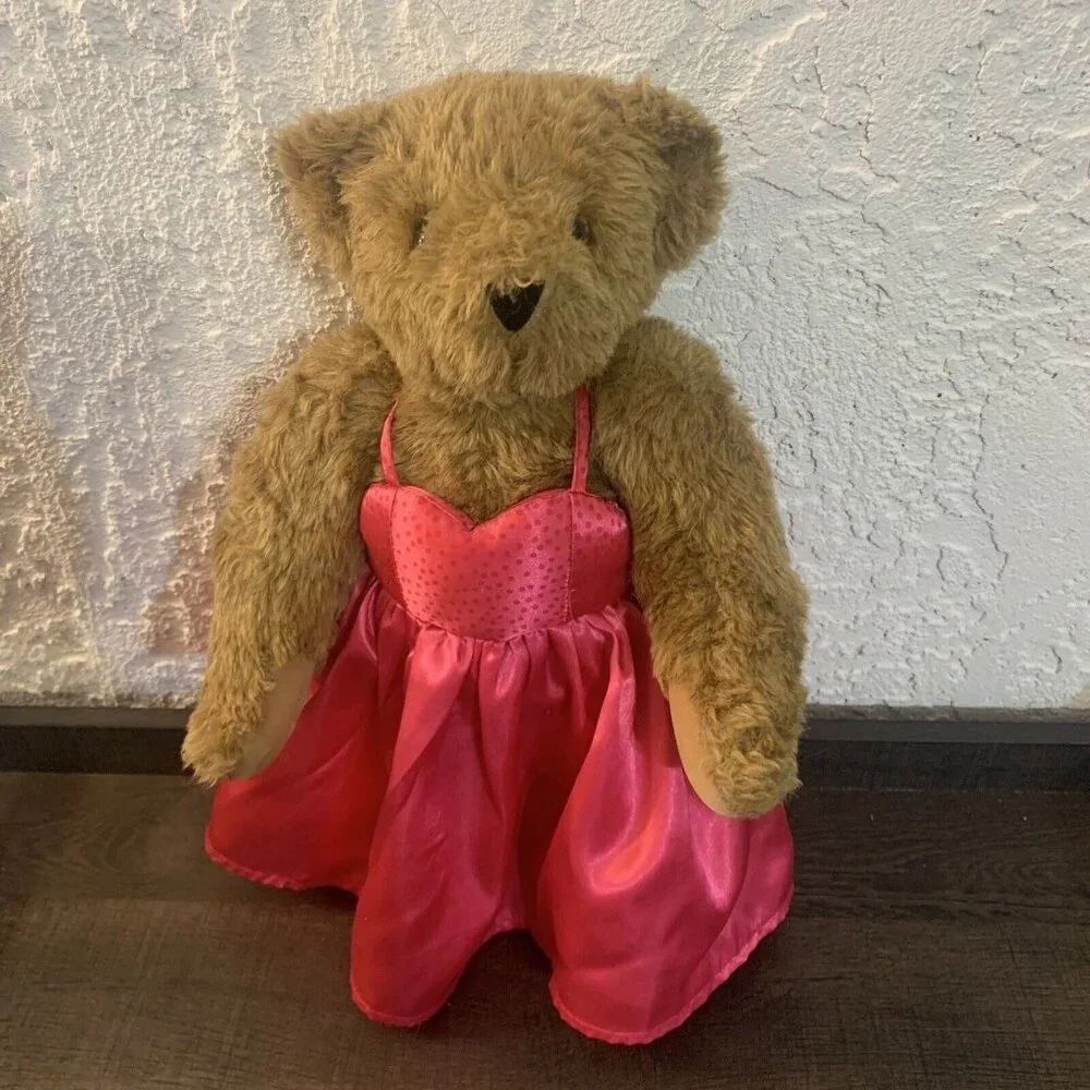 Vermont Teddy‎ Bear 16” Long Fur Jointed Birthday Girl Plush Satin Dress